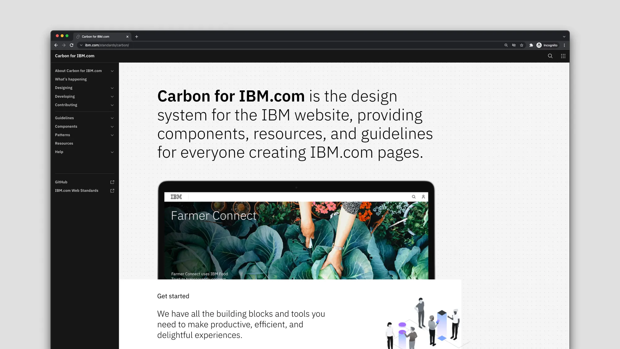 A screenshot of the Carbon for IBM.com library homepage.