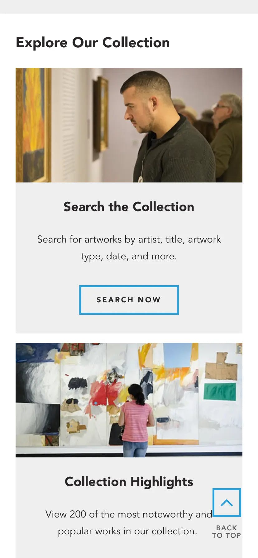 Screenshot of the mobile view of the Albright-Knox's Collection Landing page