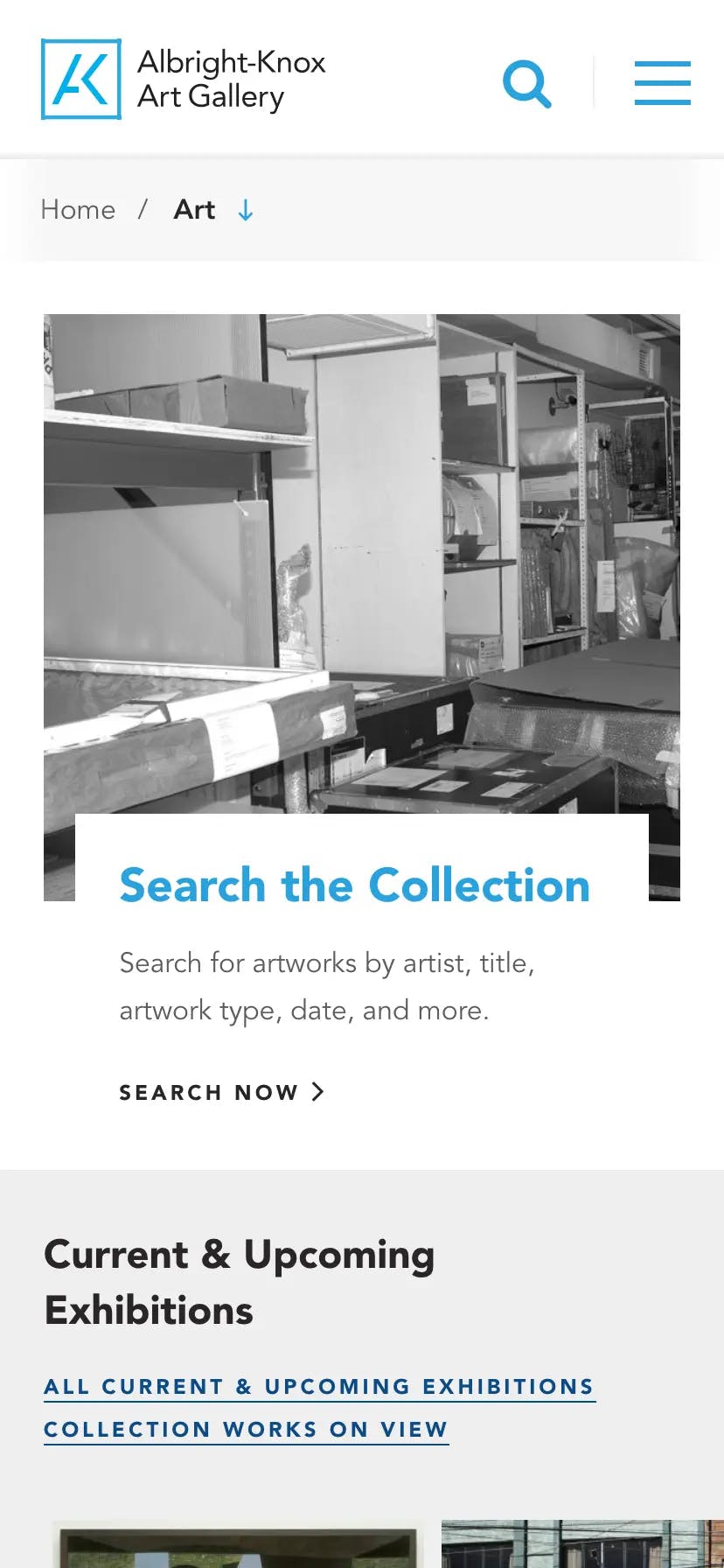 Screenshot of the mobile view of the Albright-Knox's Events & Exhibitions page