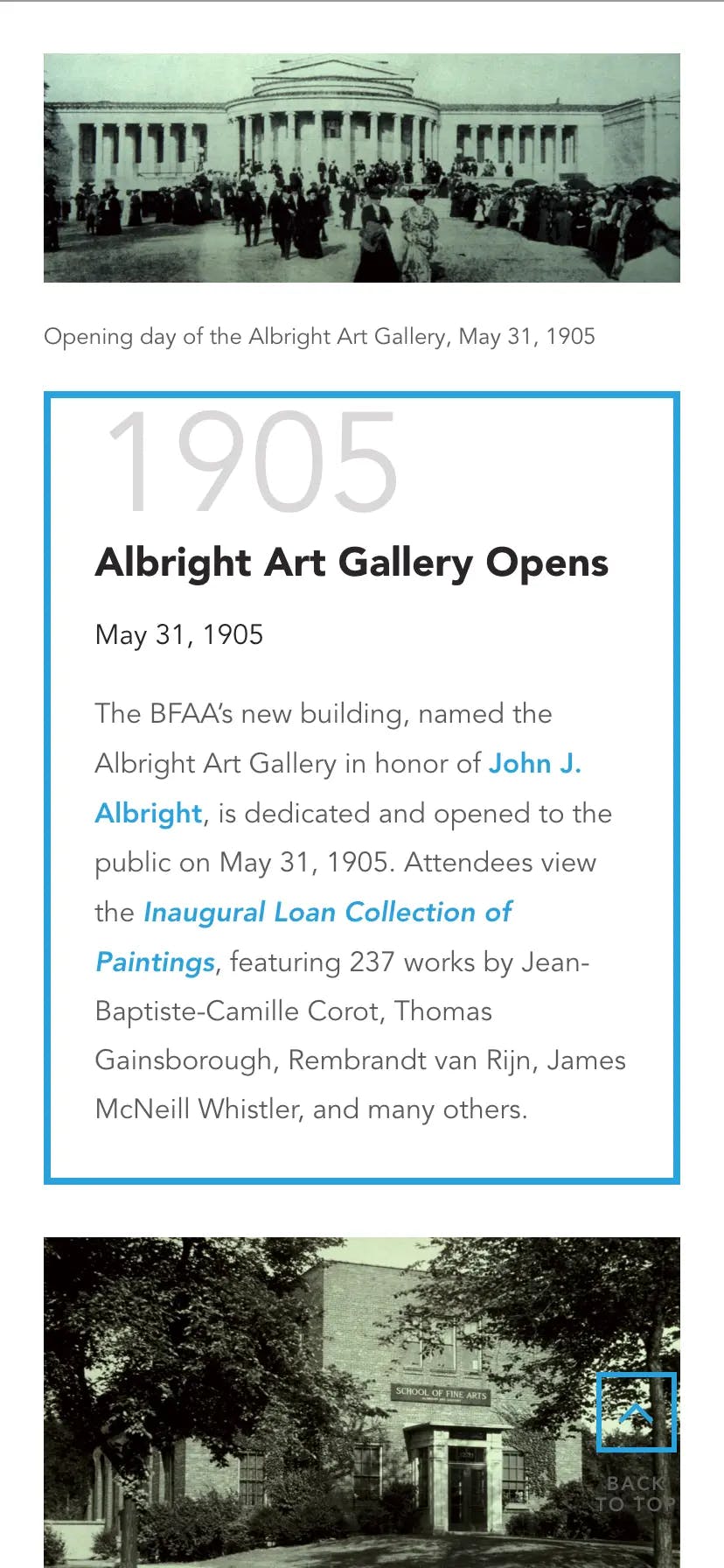 Screenshot of the mobile view of the Albright-Knox's Timeline page