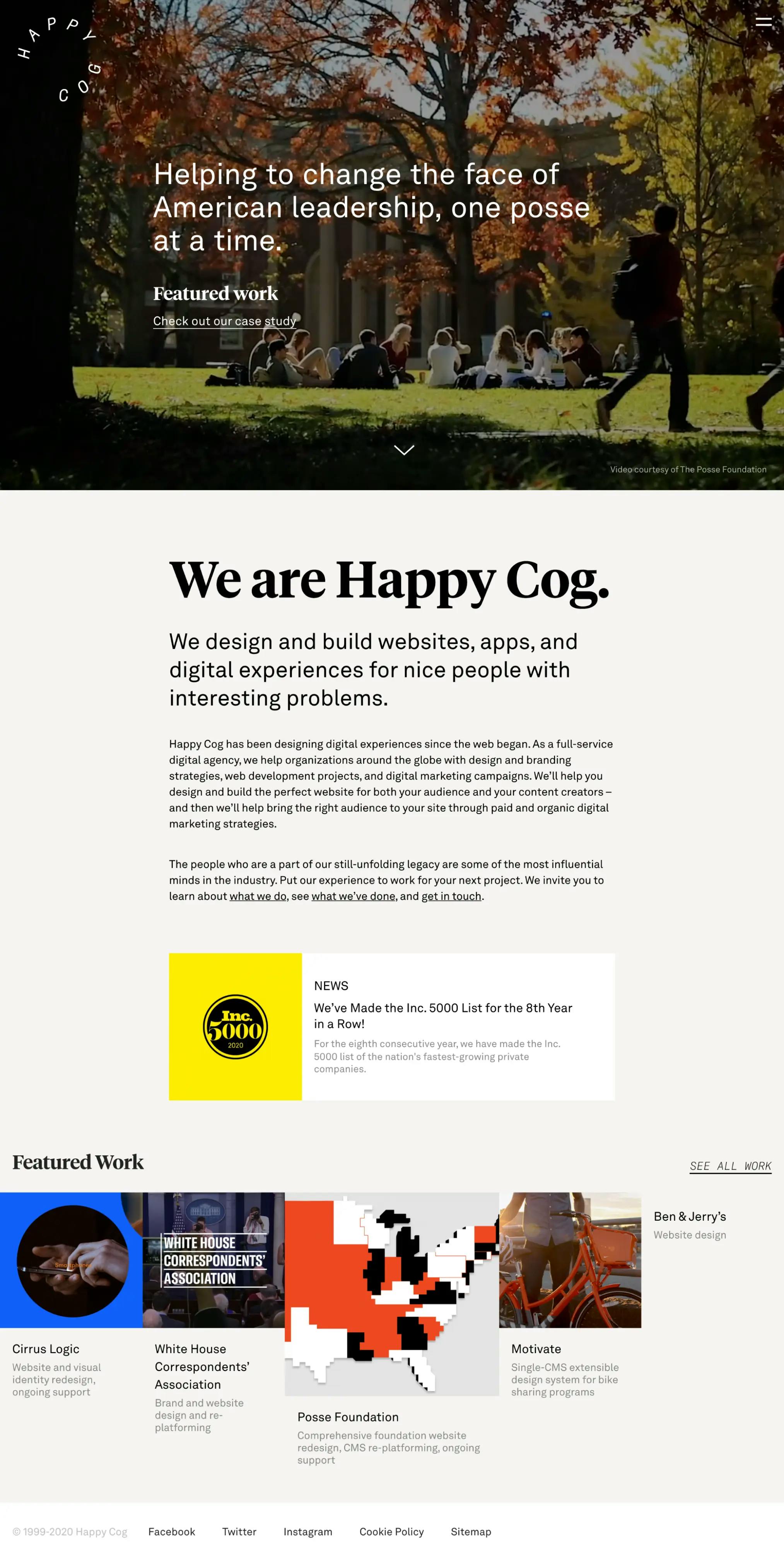 Screenshot of the desktop view of the Happy Cog's homepage with a featured project