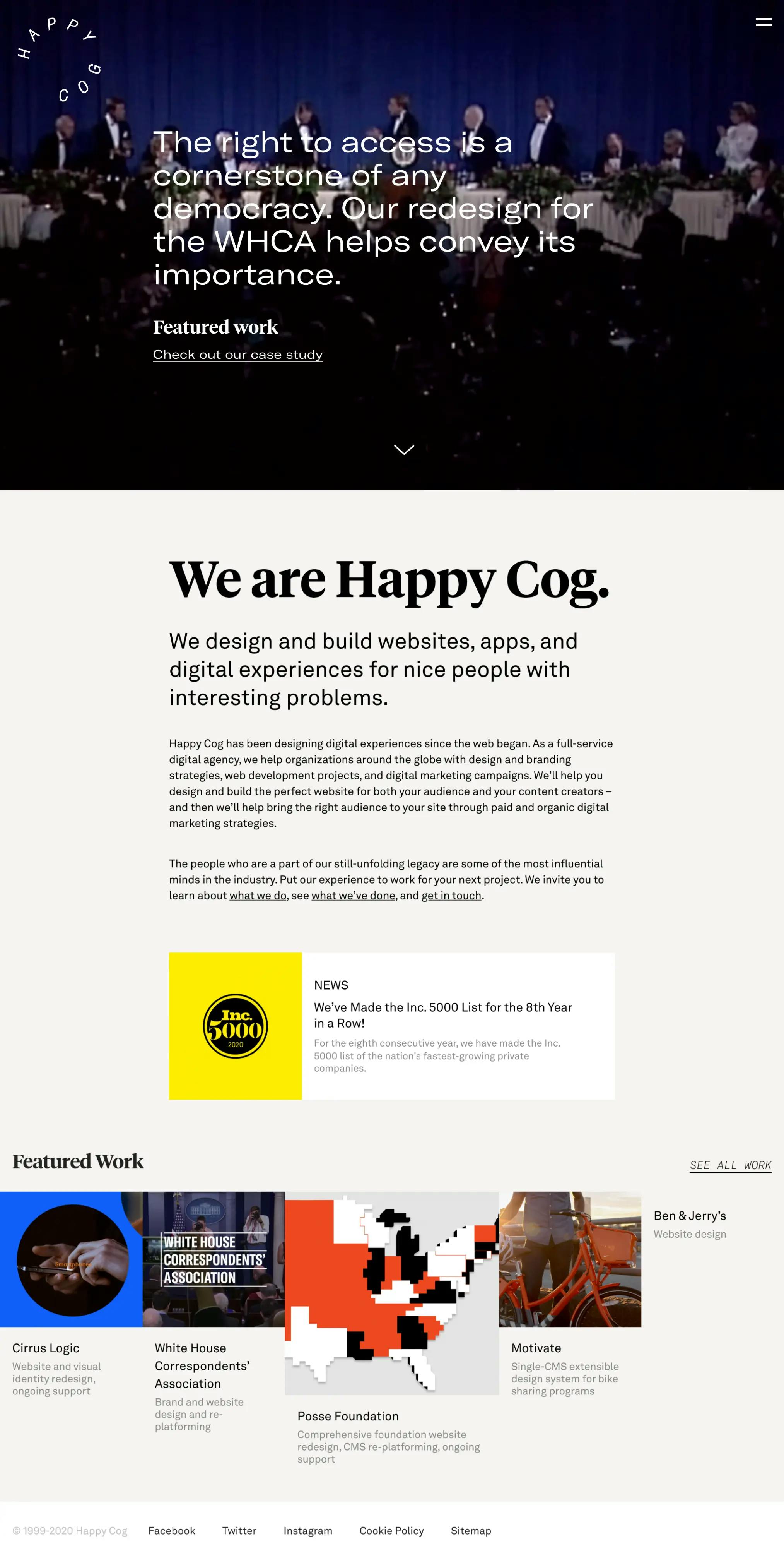 Screenshot of the desktop view of the Happy Cog's homepage with a featured project