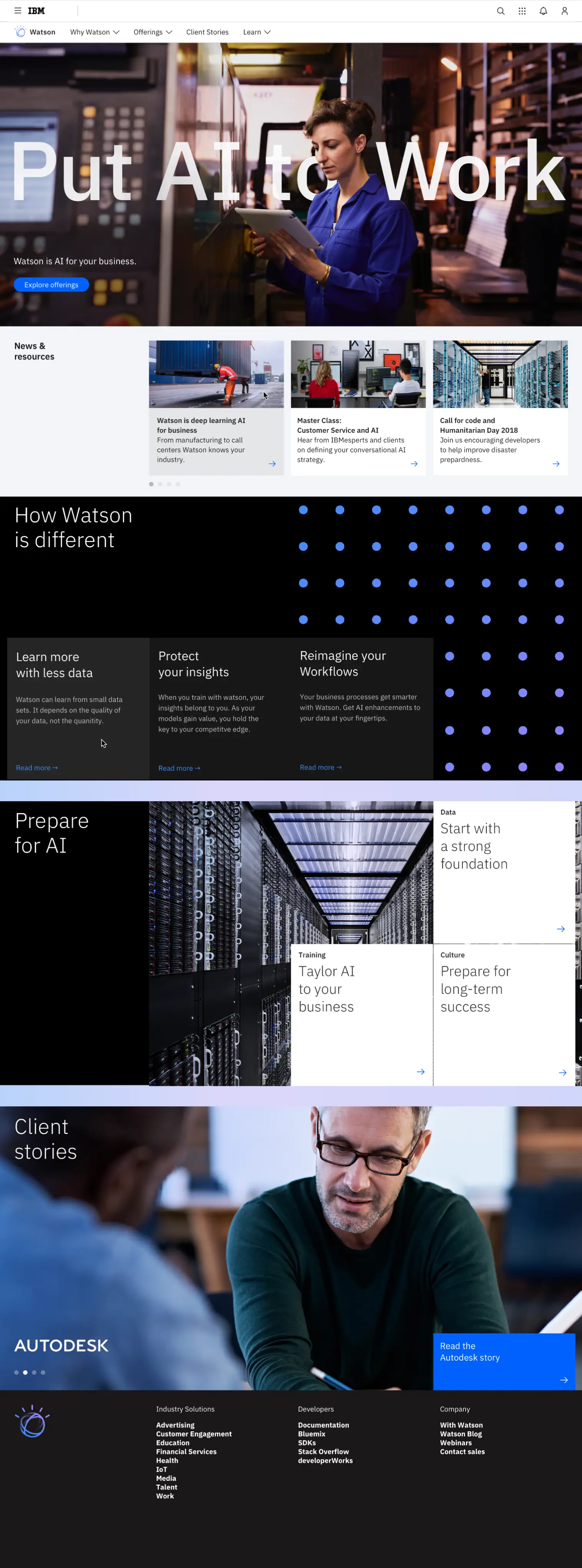 Screenshot of the IBM.com/watson homepage using v19a Design System