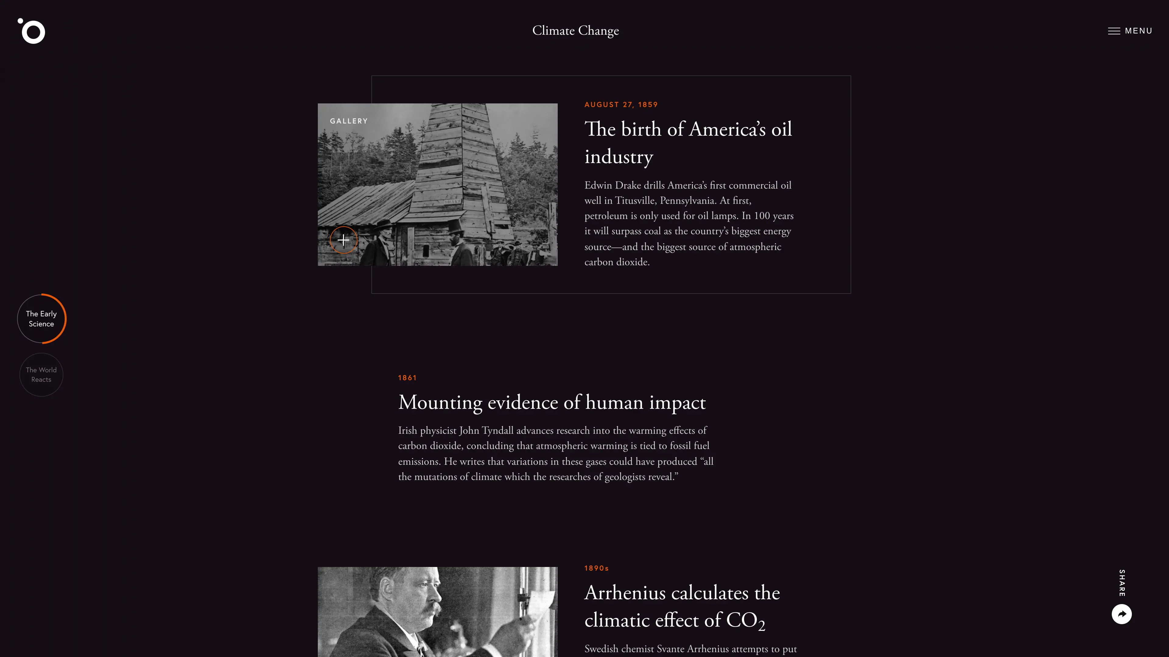 Screenshot of the Climate Change timeline page