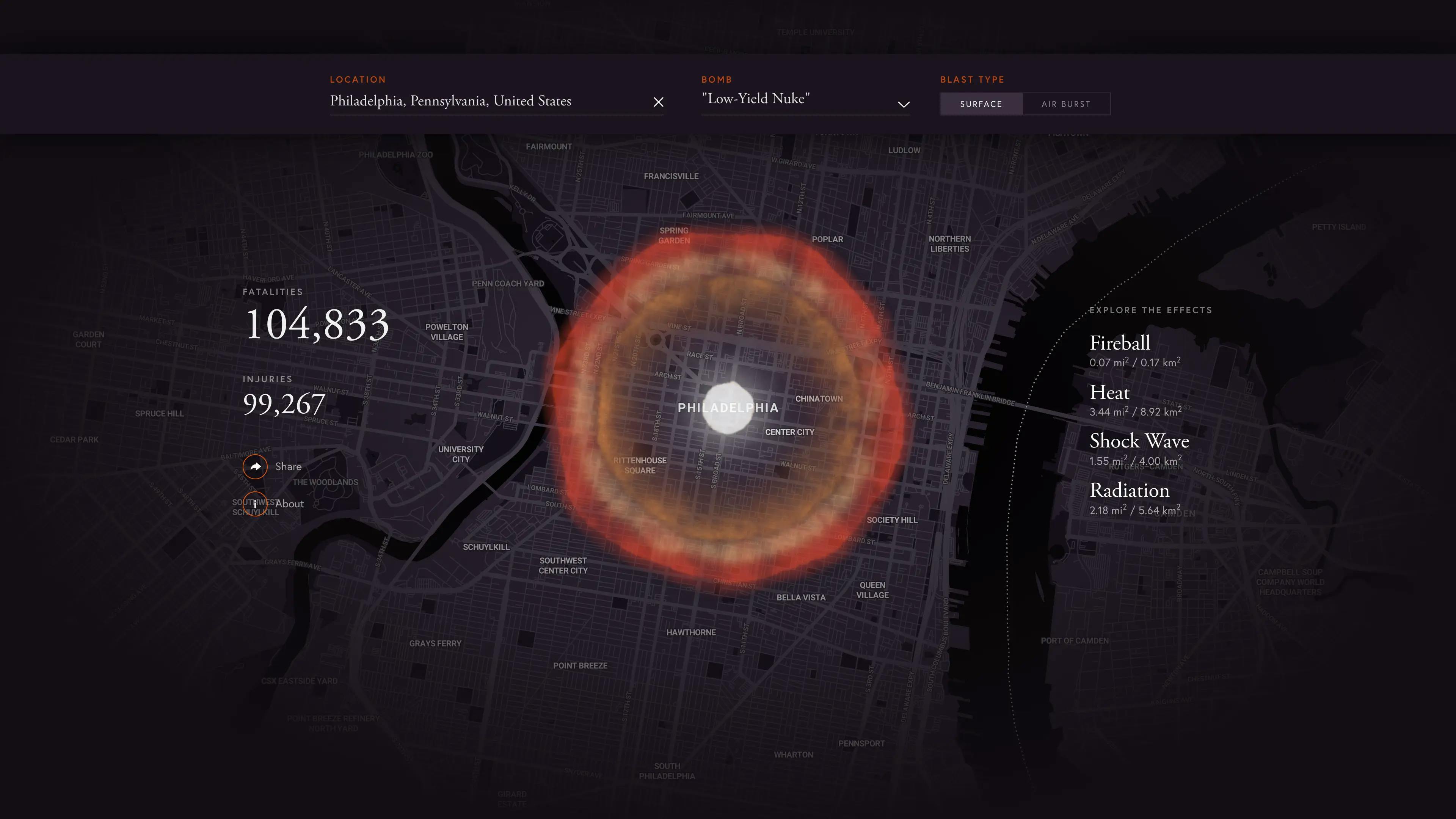 Screenshot of the Nuclear Bomb Blast Simulator in desktop