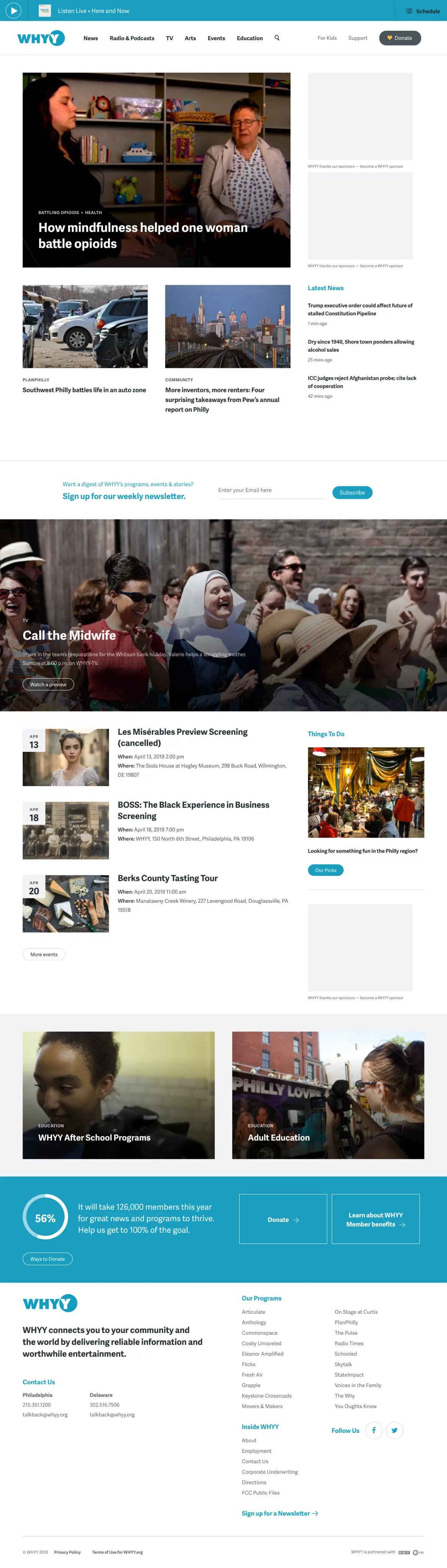 Screenshot of the desktop view of whyy.org's Homepage