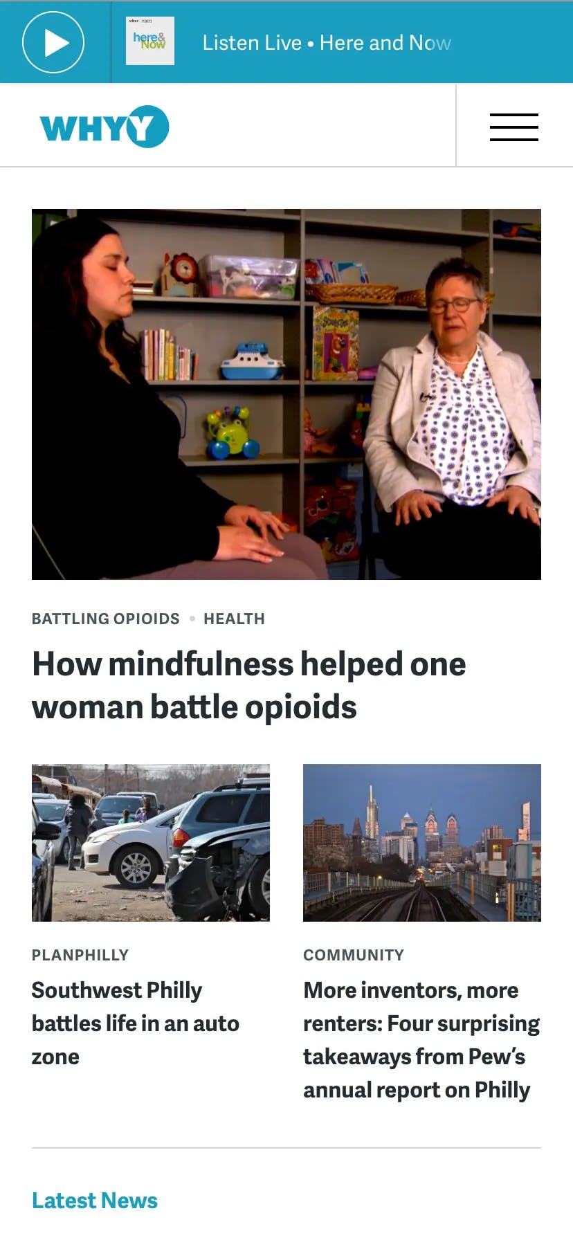 Screenshot of the mobile view of whyy.org's Homepage