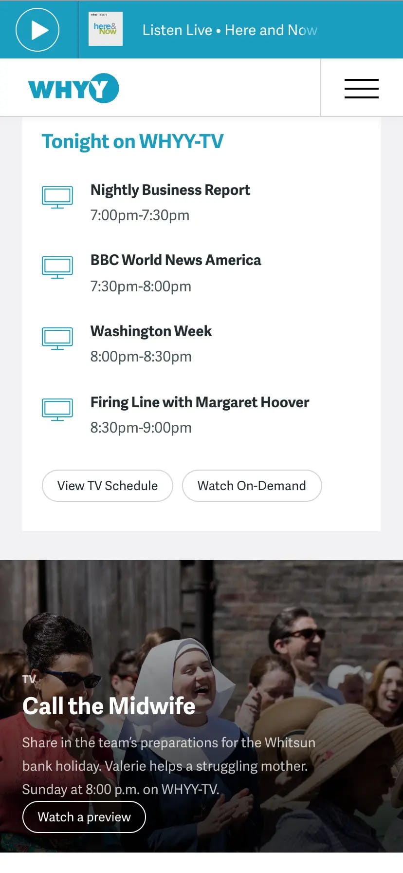 creenshot of the mobile view of whyy.org's Programs Schedule
